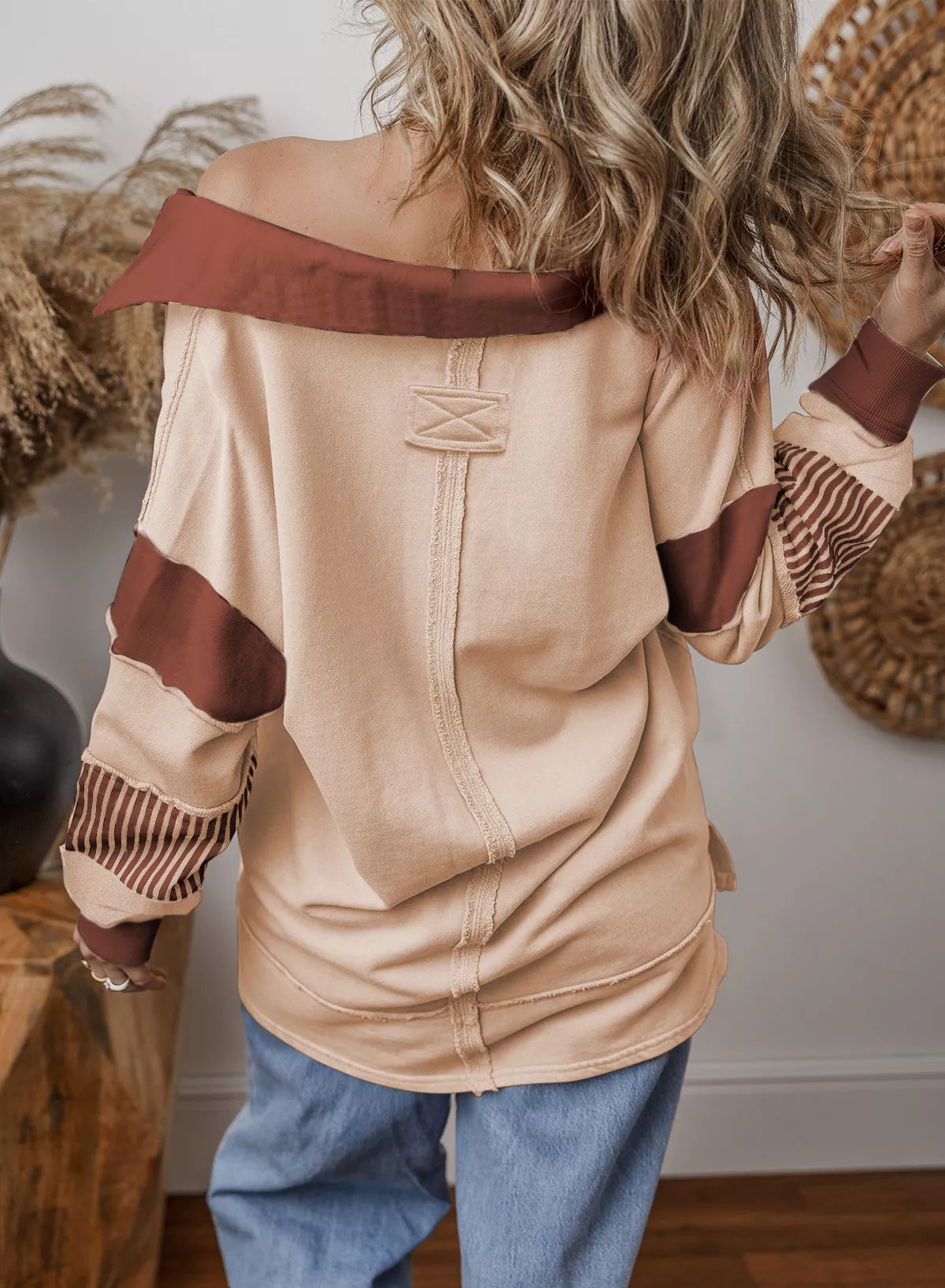 Color Block Striped Johnny Collar Sweatshirt