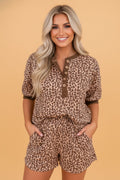 Leopard Ribbed Tee & Elastic Waist Shorts Set