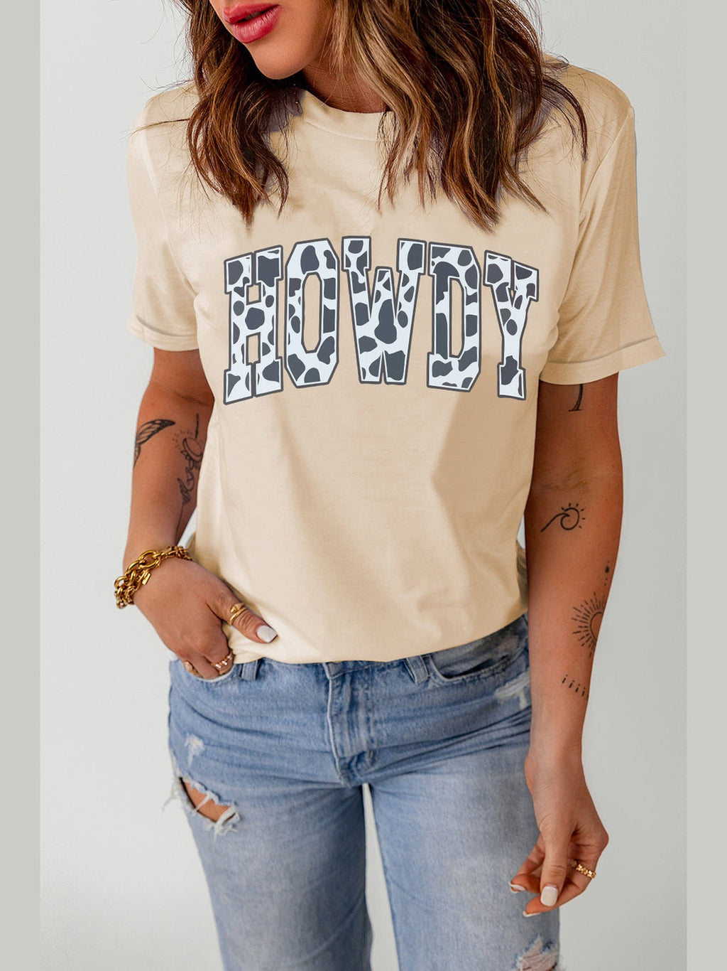 Women Round Neck Short Sleeve HOWDY Graphic Tee