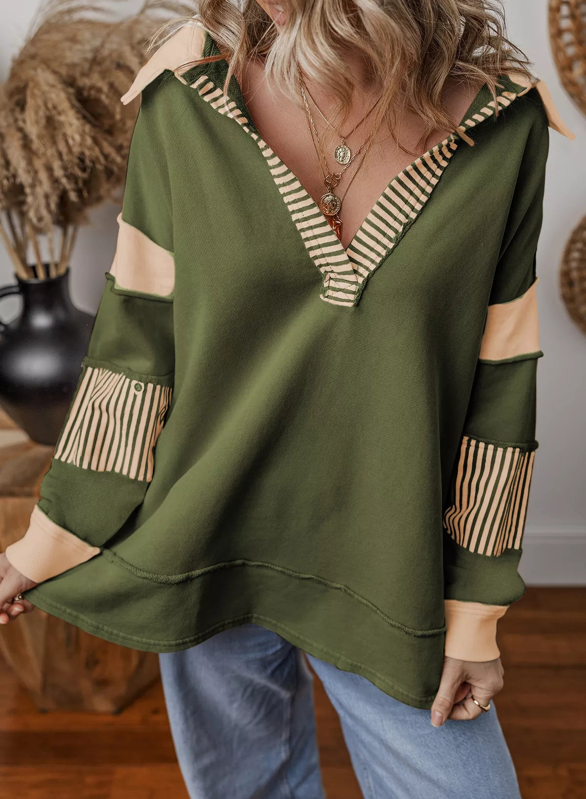 Color Block Striped Johnny Collar Sweatshirt