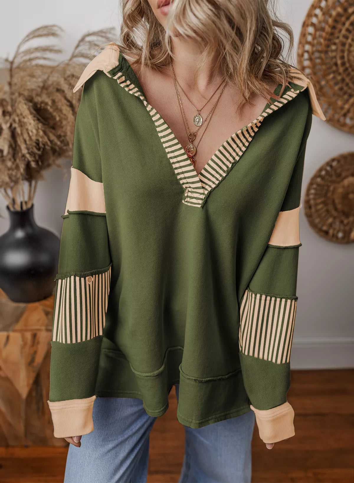 Color Block Striped Johnny Collar Sweatshirt