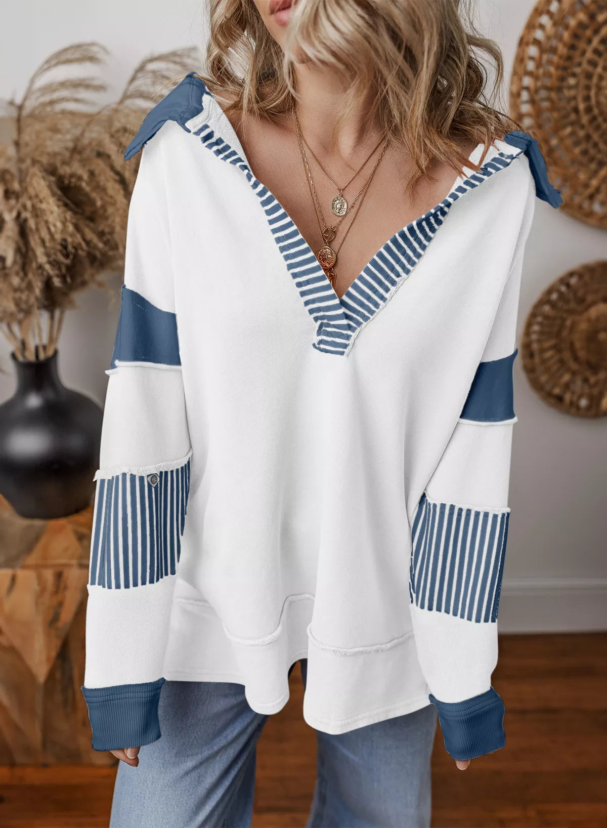 Color Block Striped Johnny Collar Sweatshirt